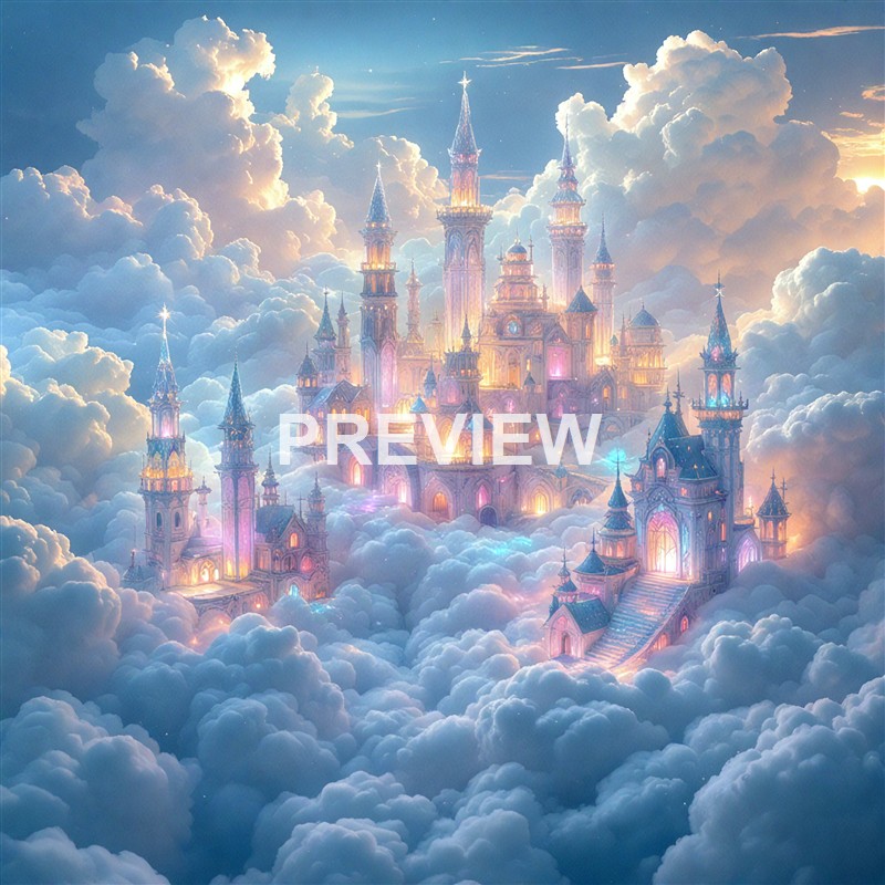 A majestic, glowing castle with tall spires and intricate architecture is set among fluffy clouds in a bright, colorful sky, giving a fantasy-like appearance.